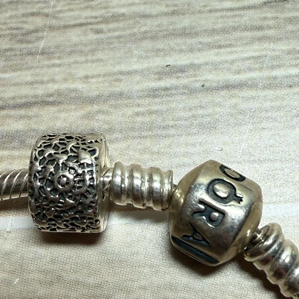 Authentic Pandora Sterling Silver 925 Bracelet w/ Palm Tree, Butterfly Charms
